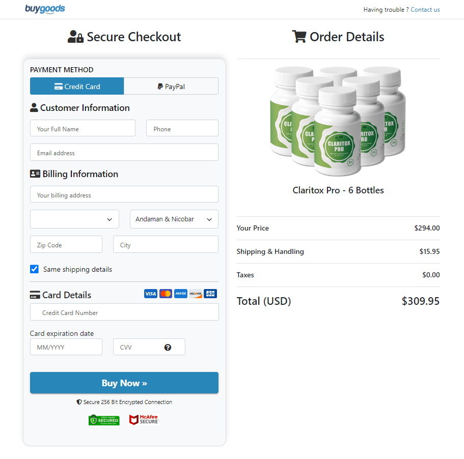 Claritox Pro Secured Order Page